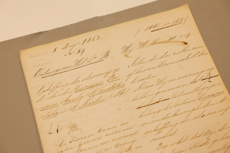 A document of abolition of slavery in Suriname is displayed at the National Archive in The Hague