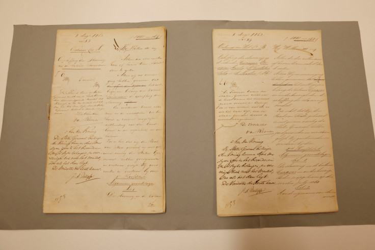 Document of abolition of slavery in Suriname are displayed at the National Archive in The Hague