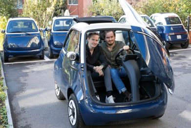 Electric-powered Microlino 2.0 car in Kuesnacht