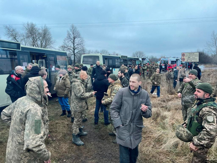 Ukrainian prisoners of war are seen during a swap in an unknown location in Ukraine