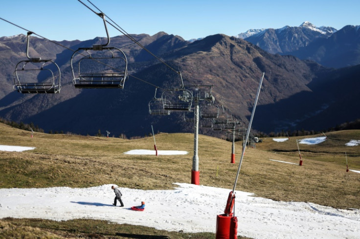 Near-bare slopes at the Luchon-Superbagneres ski resort in southwestern France on January 5, 2023