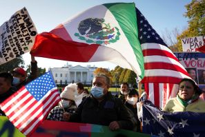 Supporters of Mexican President Andres Manuel Lopez Obrador gather at the White House in Washington