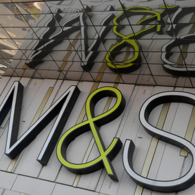 Logo of food and clothes' retailer Marks and Spencer is seen at a branch in London