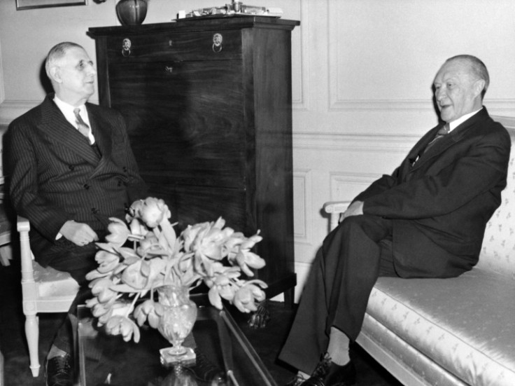 Charles de Gaulle (L) signed the original Elysee Treaty with Chancellor Konrad Adenauer in 1963