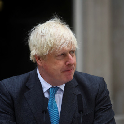 Outgoing British Prime Minister Boris Johnson delivers a speech on his last day in office in London