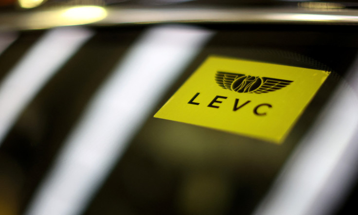An LEVC (London Electric Vehicle Company) company logo is seen on the windscreen of a vehicle inside their factory in Coventry