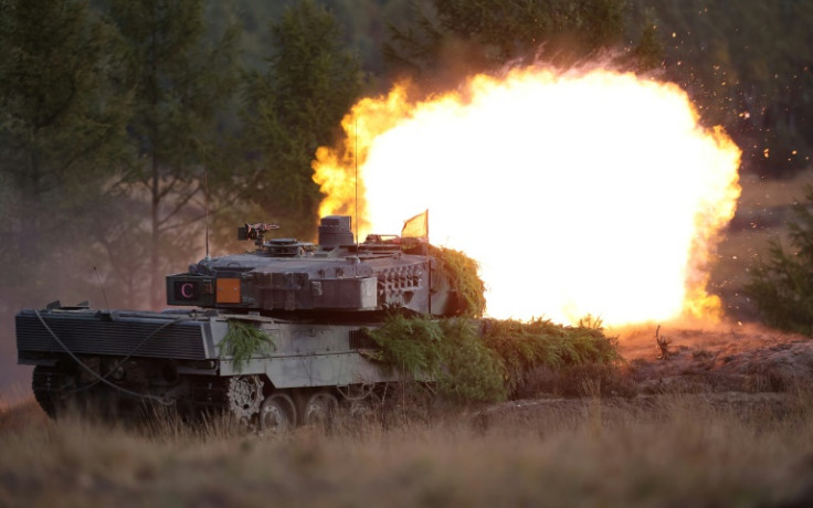 The provision of battle tanks to Ukraine announced by the United States and Germany, such as Germany's Leopard 2 shown here during a training exercise in October 2022, is aimed at helping Ukraine repel Russia's invasion