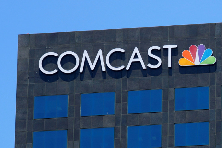 The Comcast NBC logo is shown on a building in Los Angeles, California