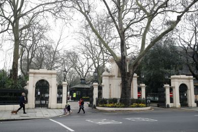 The entrance to Kensington Palace Gardens is seen in London