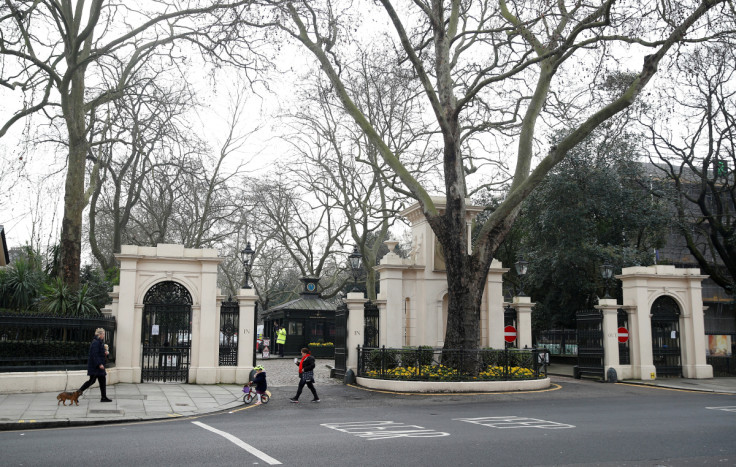 The entrance to Kensington Palace Gardens is seen in London