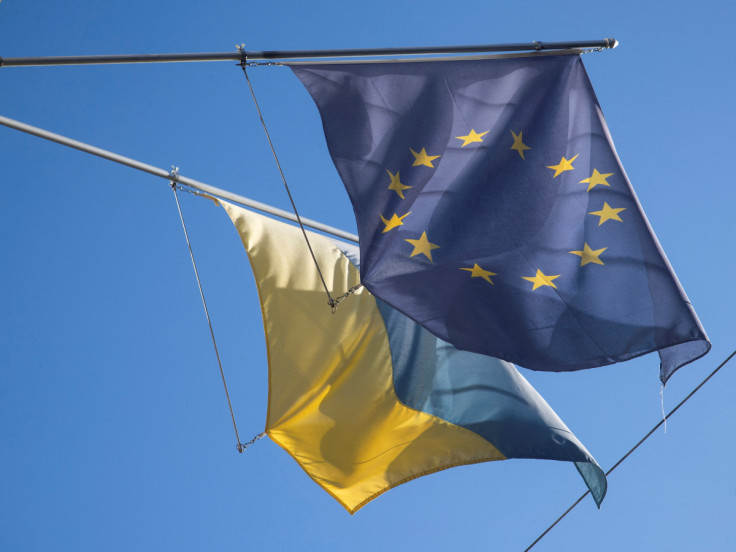  Flag of EU flies next to Ukraine's national flag in Bern