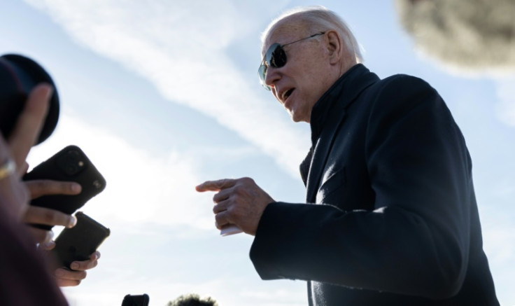 US President Joe Biden speaks to reporters about the Chinese spy balloon after arriving at Hagerstown Regional Airport in Hagerstown, Maryland, on February 4, 2023