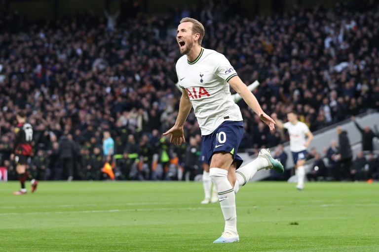 Tottenham striker Harry Kane celebrates after becoming his clubs record goalscorer