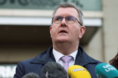 Jeffrey Donaldson, leader of the DUP, speaks to the media after meeting with Irish Taoiseach (Prime Minister) Leo Varadkar, at the Stormont Hotel, Belfast