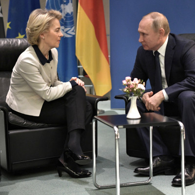 Russia's President Vladimir Putin and European Commission President Ursula von der Leyen meet on sideline of the Libya summit in Berlin