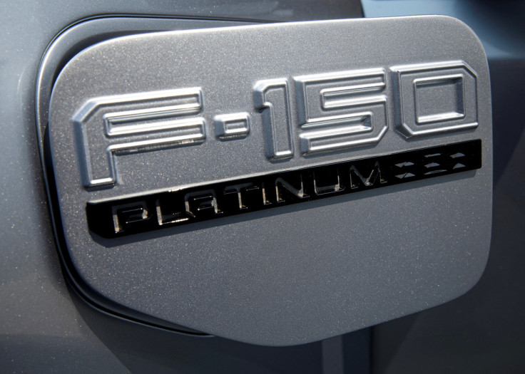The charging port cover is seen on the Ford F-150 Lightning pickup truck during a press event in New York