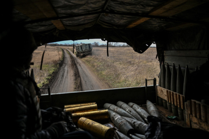 Ukrainian serviceman rides inside a truck with artillery shells near a frontline in Zaporizhzhia region