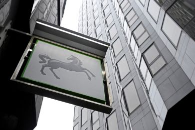 A sign hangs outside a Lloyds Bank branch in London, Britain