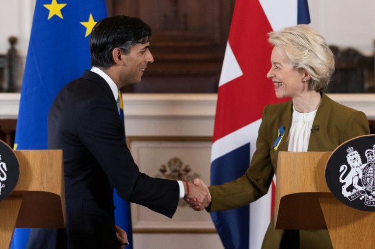Britain's Prime Minister Rishi Sunak and European Commission chief Ursula von der Leyen shake hands after meeting in Windsor to seal the new Northern Ireland deal on Monday