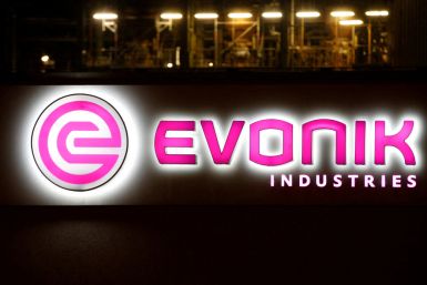 The logo of German specialty chemical company Evonik Industries AG is pictured at their plant in Bitterfeld