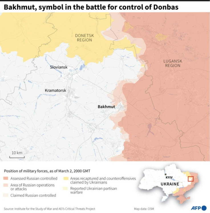 Map of the frontline around the town of Bakhmut, in Ukraine's Donetsk region, which Russian forces are seeking to capture