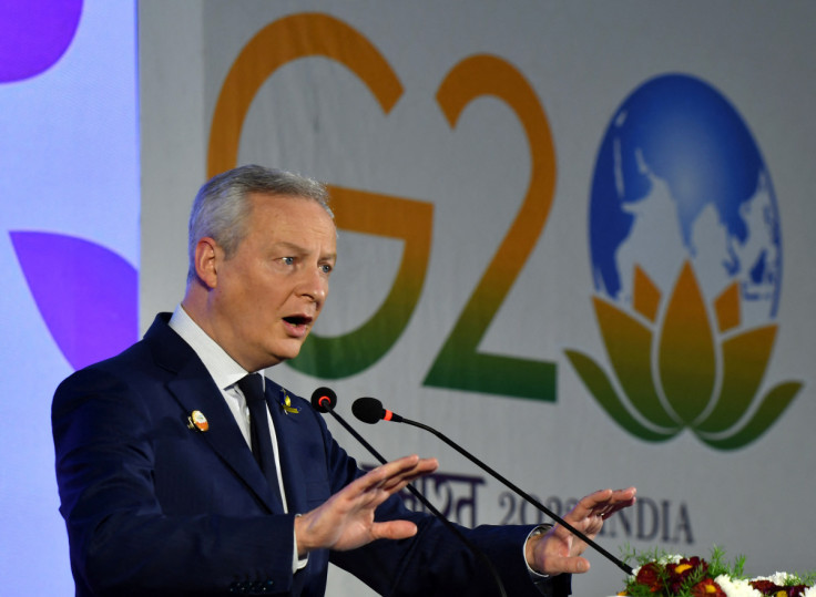 French Finance Minister Bruno Le Maire speaks during a news conference on outskirts of Bengaluru