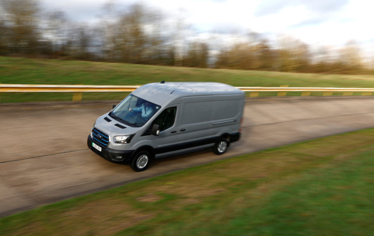 Reuters journalist Nick Carey drives a Ford E-Transit electric vehicle at Ford’s Dunton Technical Centre in Dunton