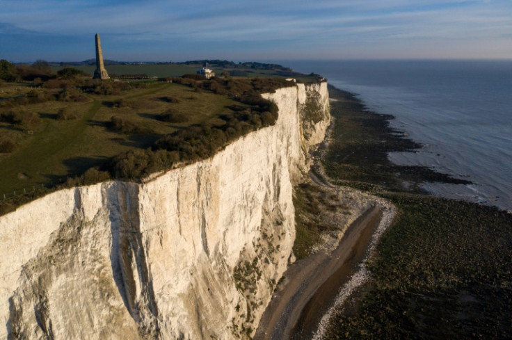 A aerial picture show the white chalk cliff's of St Margaret's Bay in Dover, southeast England on March 6, 2023.