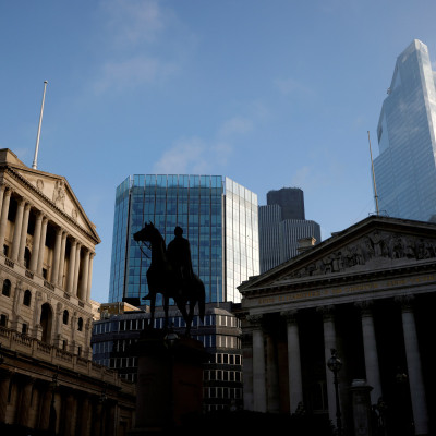 AA view of The Bank of England and the City of London financial district in London, Britain