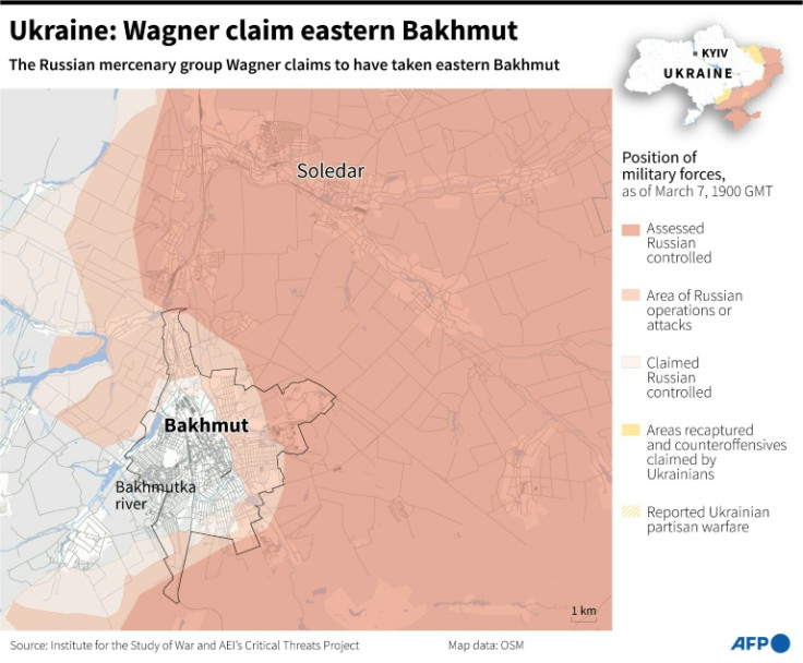 Map of Ukraine locating the front line of Bakhmut, according to information verified by ISW.