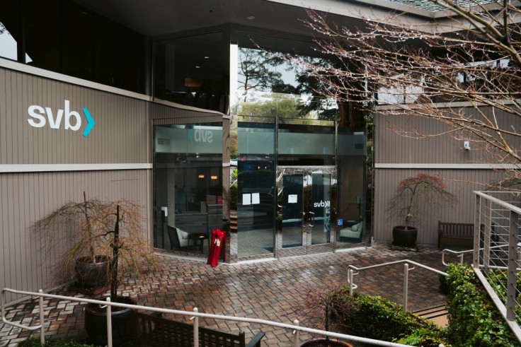 The main entrance of Silicon Valley Bank is pictured in Menlo Park