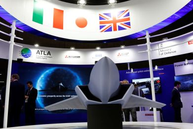 A concept model of the Global Combat Air Programme (GCAP)'s fighter jet is displayed at the DSEI Japan defense show at Makuhari Messe in Chiba