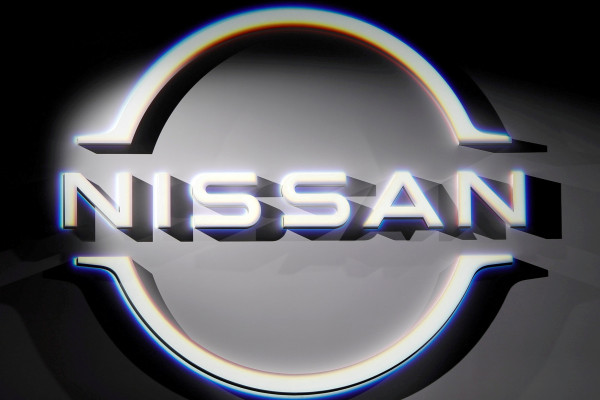 The brand logo of Nissan Motor Corp. is displayed during a press preview of the company's new Ariya all-battery SUV in Yokohama