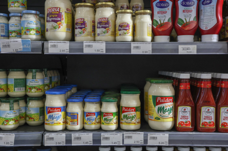 View of price tags of products in U.S. dollars on shelves at a supermarket in Beirut