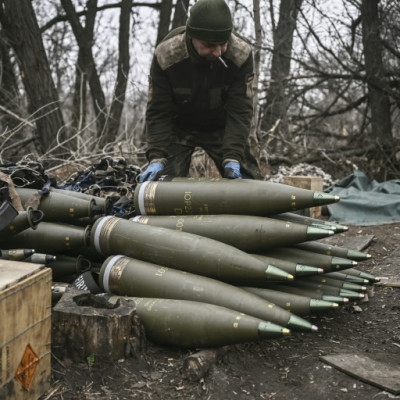 A Ukrainian serviceman preparing 155mm artillery shells near Bakhmut, eastern Ukraine, over the weekend. Kyiv has complained that its forces are having to ration their firepower