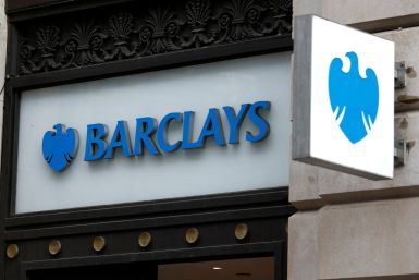 A view shows signage on a branch of Barclays Bank in London