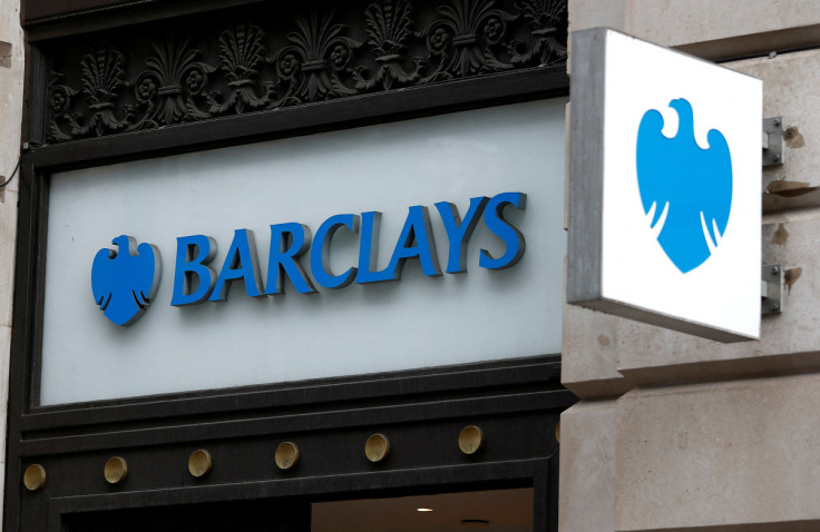 A view shows signage on a branch of Barclays Bank in London