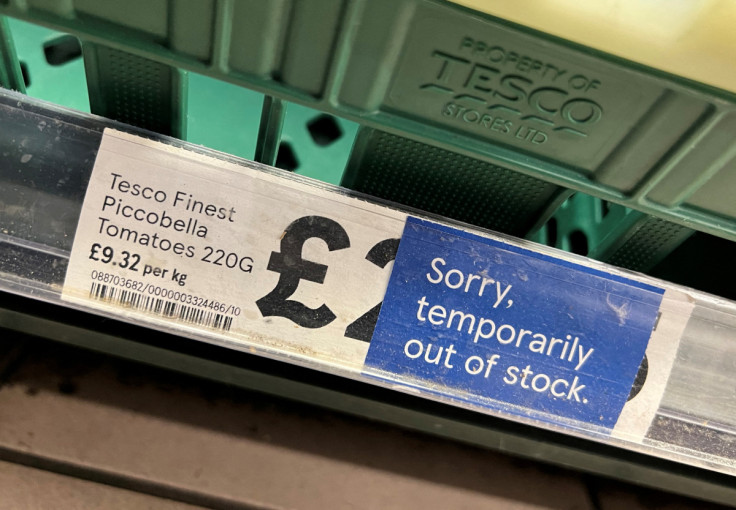 Empty tomato section is seen on shelves at Tesco supermarket in London