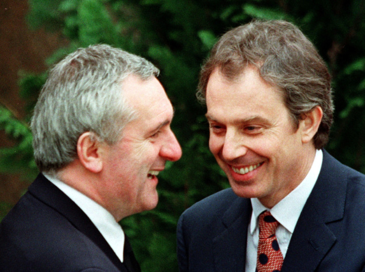 AHERN AND BLAIR EMBRACE AFTER SIGNING IRISH PEACE AGREEMENT