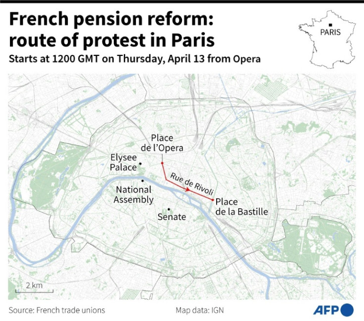 Map of the planned protest route against the pension reform in Paris on April 13, 2023