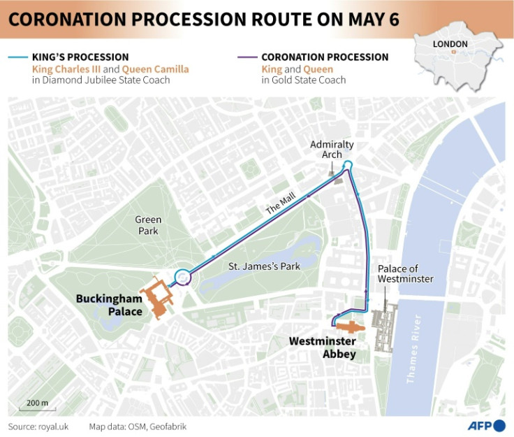 The king and queen will travel from Buckingham Palace to the abbey and back in horse-drawn coaches