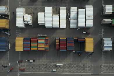 Aerial view of exported goods in containers