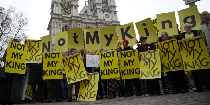 King Charles III faced protesters outside Westminster Abbey in London in February