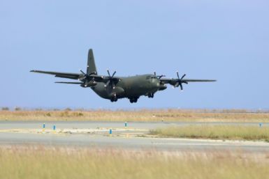 A Royal Air Force C-130 Hercules transporter landing in Cyprus after taking British evacuees and their relatives out of Sudan