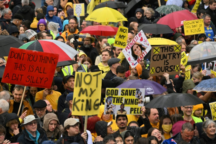 Members of the anti-monarchist group Republic stage a protest