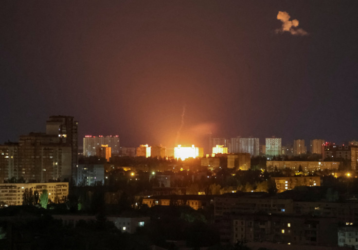 An explosion of a drone is seen during a Russian drone strike in Kyiv