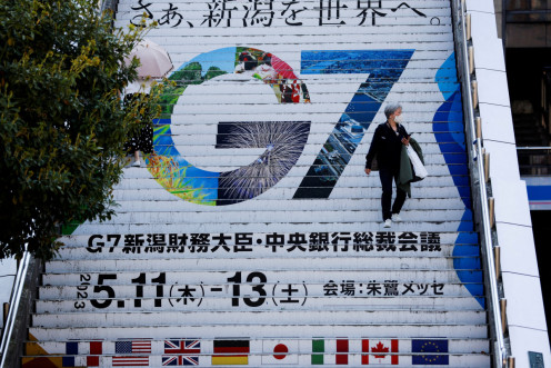 The logo of the G7 Finance Ministers and Central Bank Governors' meeting is displayed at Niigata station, ahead of the meeting, in Niigata