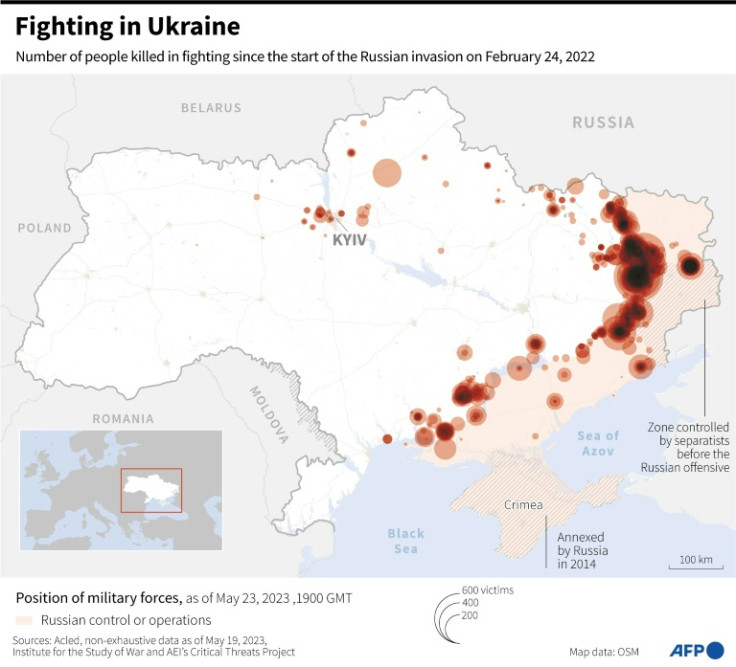 Map showing number of people killed in fighting in Ukraine since the start of Russian invasion on February 24, 2022, recorded by the NGO Acled