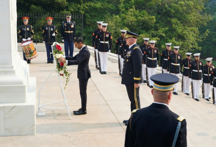 Prime Minister Rishi Sunak is seen laying a wreath at the Tomb of the Unknown Soldier in Arlington National Cemetery during his visit to Washington DC in the US on June 7, 2023 in Arlington, Virginia