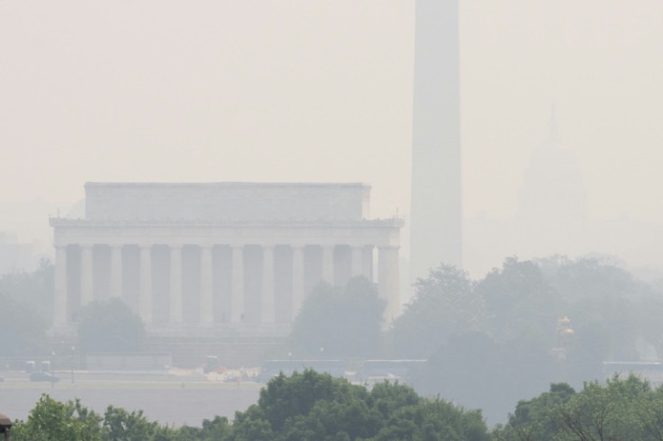 The US capital was also shrouded in haze -- the Lincoln Memorial (L) and Washington Monument are seen here